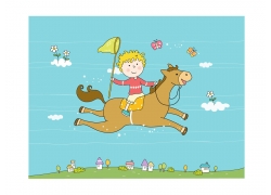 骑马捕蝶的卡通儿童素材
