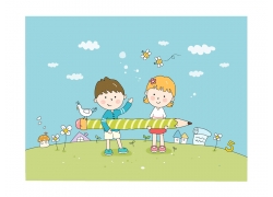 两个卡通儿童抱着铅笔素材