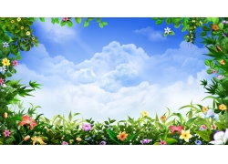 美丽花边与蓝天白云背景