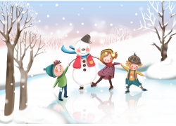 滑冰的卡通小孩和雪人